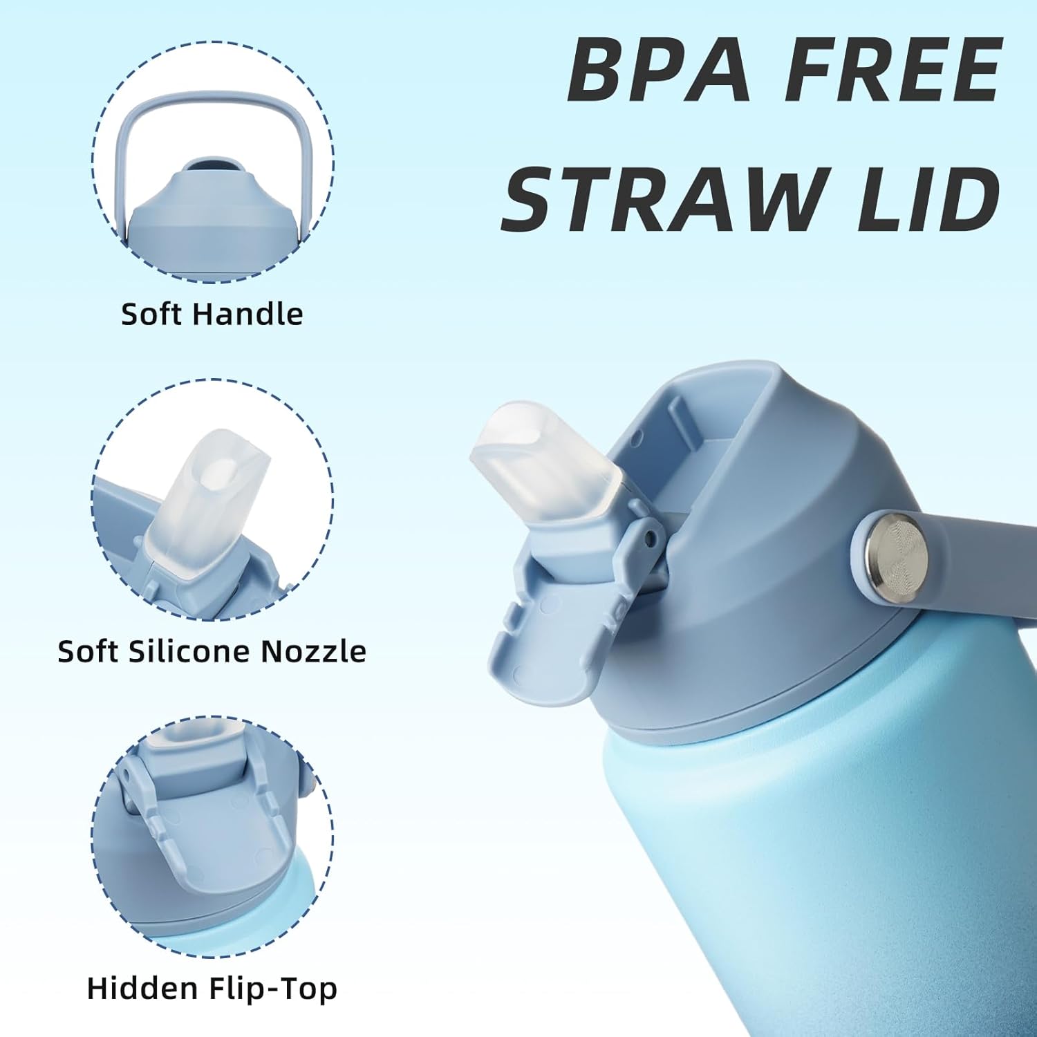 BJPKPK Water Bottle with Straw Lid, 24oz Vacuum Insulated Water Bottles, Metal Stainless Steel Thermo for Sports, Travel, BPA Free Leak Proof Thermo, Cups, Flasks, Tumblers,Sky