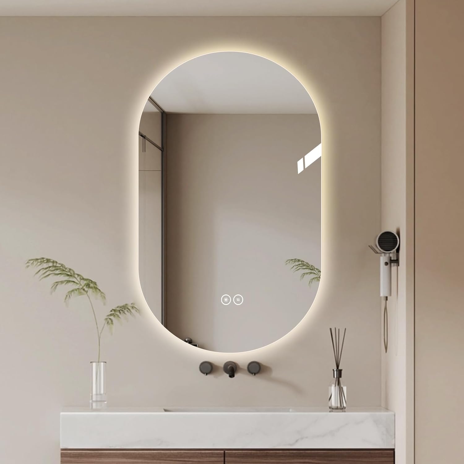 LAIYA 24V Full-Power Oval LED Bathroom Vanity Mirror, 33x20inch Frameless Backlit Mirror with Light, Smart Anti-Fog Waterproof Mirror with Memory Function Dimmable Lighted Mirror