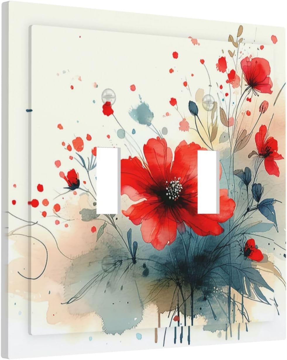 Vintage Floral Red Watercolor Modern Decorative Switch Plates 2 Gang Double Toggle Outlet Light Switch Cover Wall Plate Electrical Faceplate for Bedroom Bathroom Decor