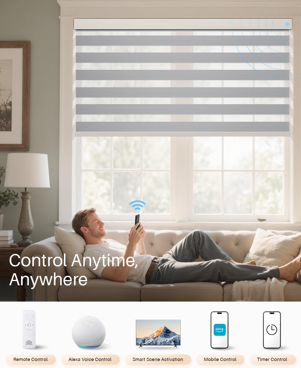 Smart Zebra Blinds for Windows, Alexa Motorized Blinds with Remote Control, Automatic Electric Power Zebra Shades for Indoor Windows (20" W x 72" H, Gray Fabric & White Shell)