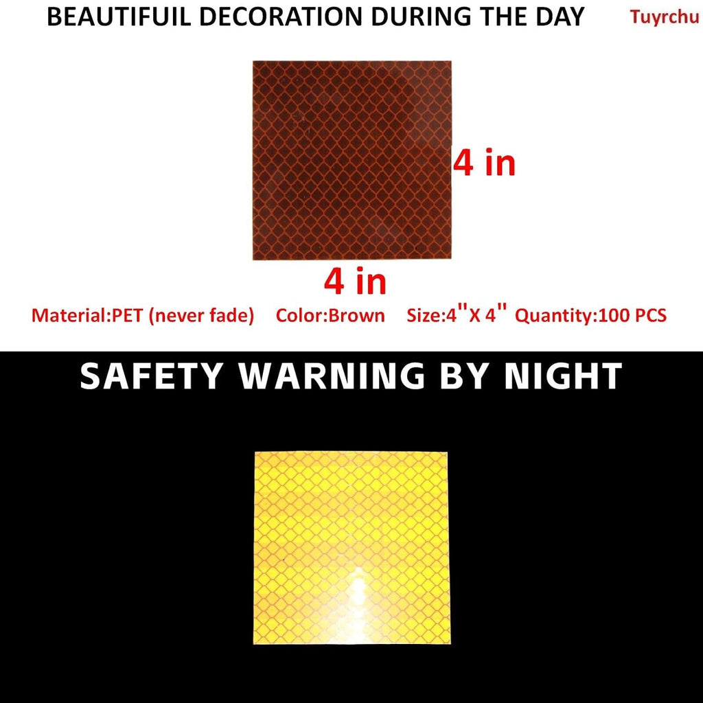 Non Fading Brown Reflective Stickers 4 inch X 4 inch, Outdoor Waterproof High Visibility Warning Safety Adhesive Reflector Tape (100 Pcs)