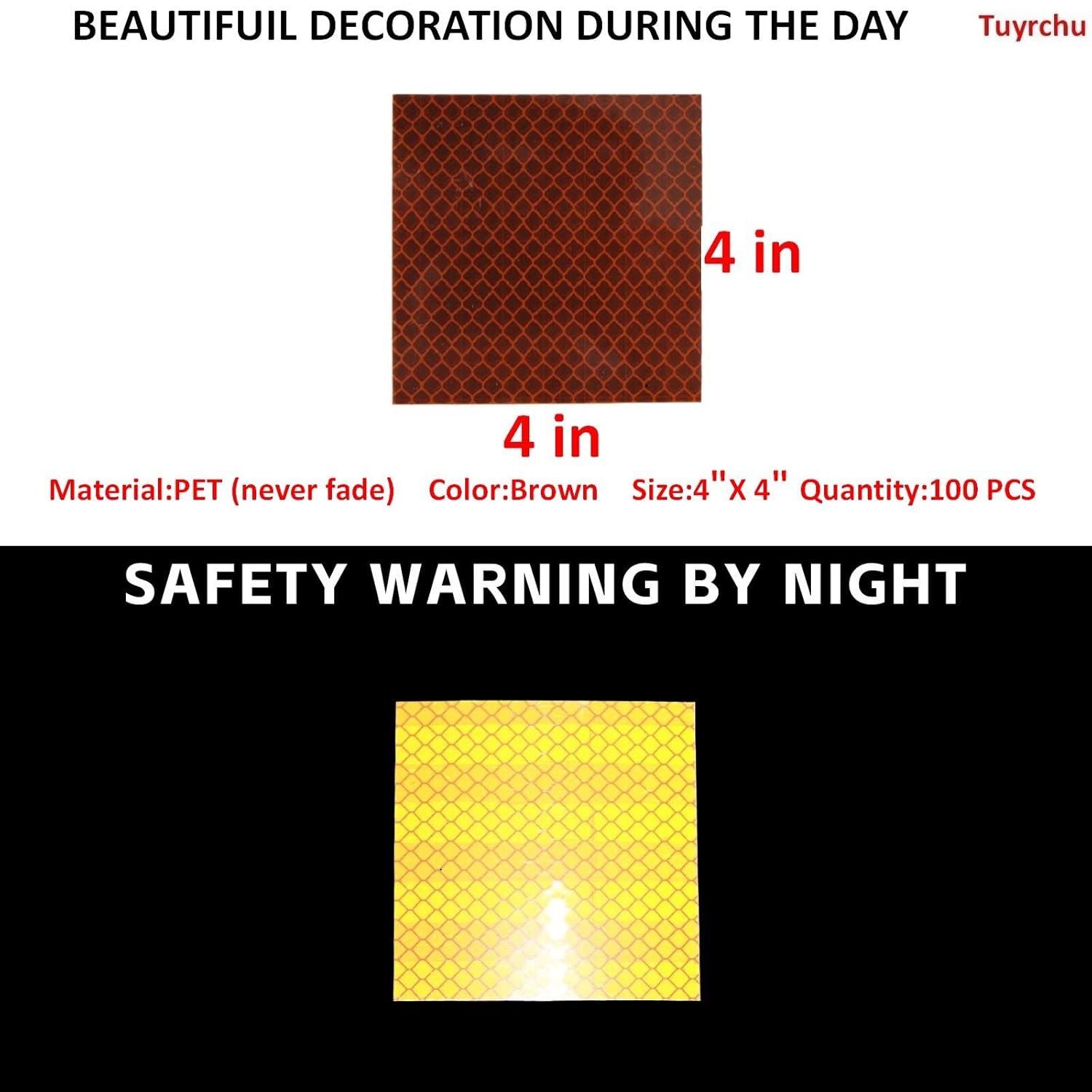Non Fading Brown Reflective Stickers 4 inch X 4 inch, Outdoor Waterproof High Visibility Warning Safety Adhesive Reflector Tape (100 Pcs)