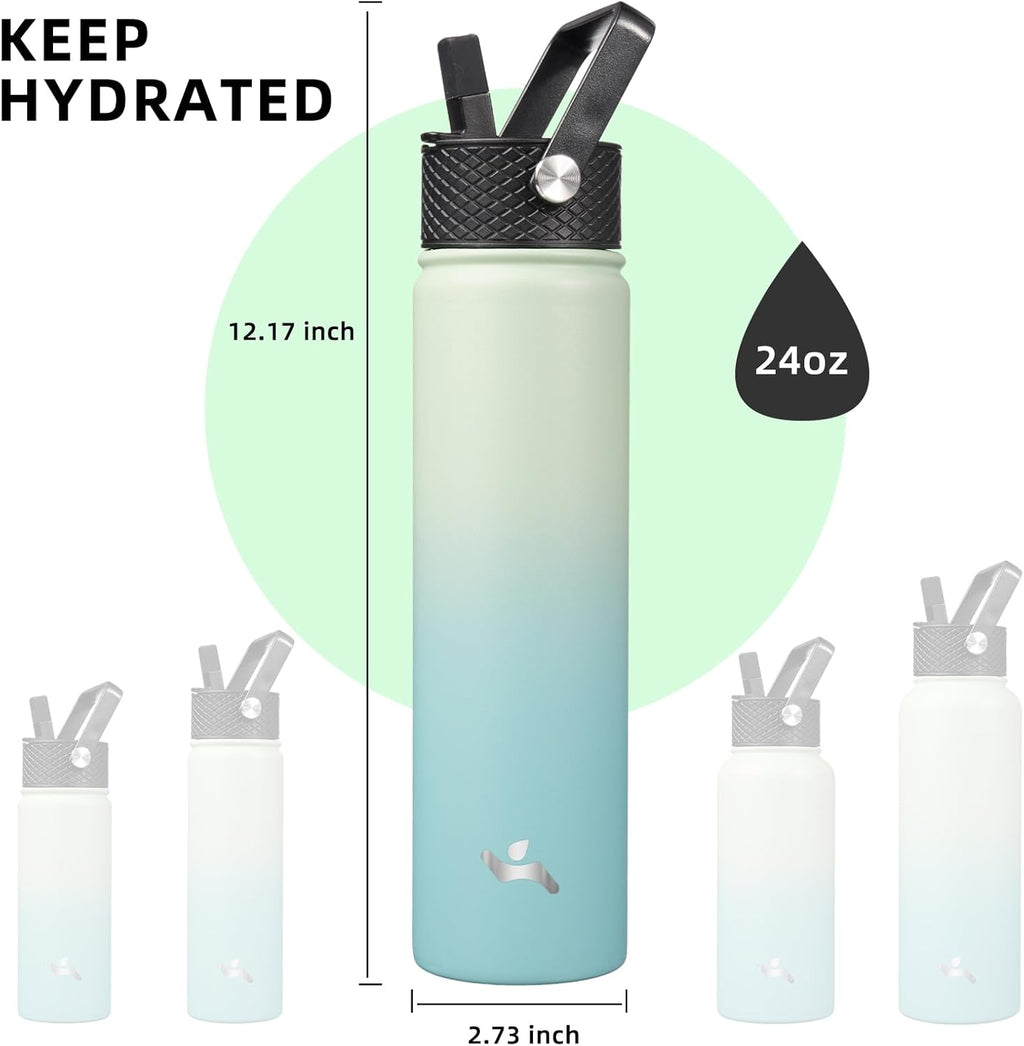 Insulated Water Bottle 24oz Stainless Steel Sport Bottles with 3 Lids,Mint