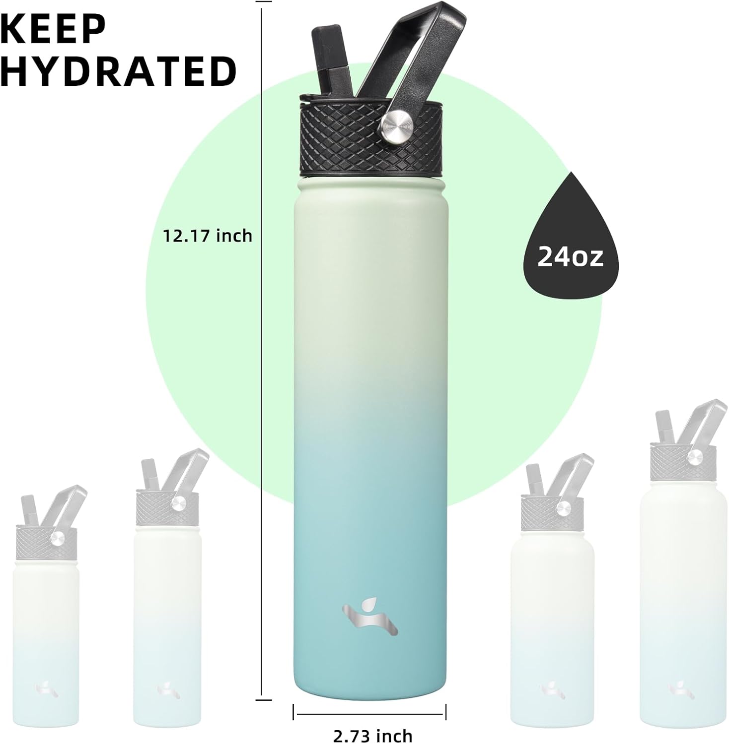 Insulated Water Bottle 24oz Stainless Steel Sport Bottles with 3 Lids,Mint
