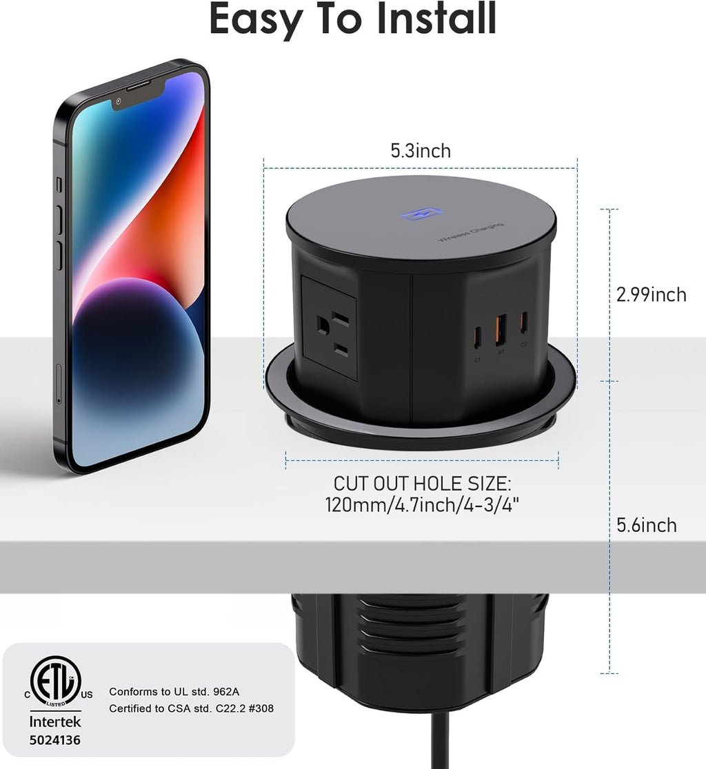 ANNQUAN 4.75" Pop Up Outlet with 65W USB-C,15W Wireless Charger,4 Outlets,3 USB Ports,Pop Up Countertop Receptacle Outlet for Home Office Kitchen