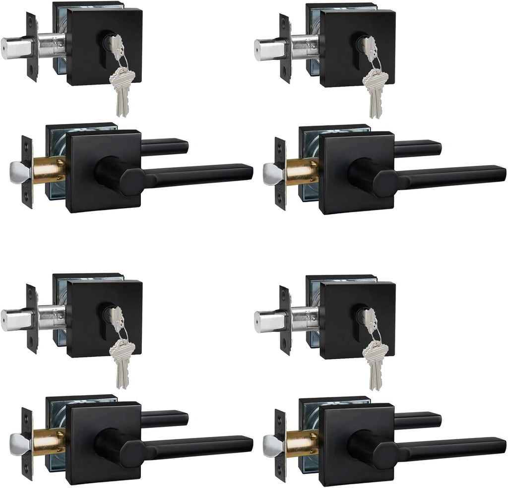 4 Sets Passage Door Lever and Single Cylinder Deadbolt Lock Set, Heavy Duty Square Handle for Entrance and Front Door, Matte Black, Different Keys