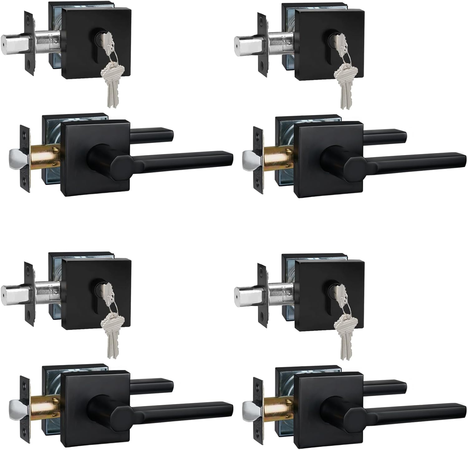 4 Sets Passage Door Lever and Single Cylinder Deadbolt Lock Set, Heavy Duty Square Handle for Entrance and Front Door, Matte Black, Different Keys