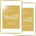Homeforia 14x22 Picture Frame Gold, High End Metal 14x22 Poster Frames with Mat 12x16 Photo, 14 x 22 Gold Frames Matted to 12 by 16 Print, 22x14 Thin Hanging Frames, Tempered Glass, Wall Kit, Set of 2