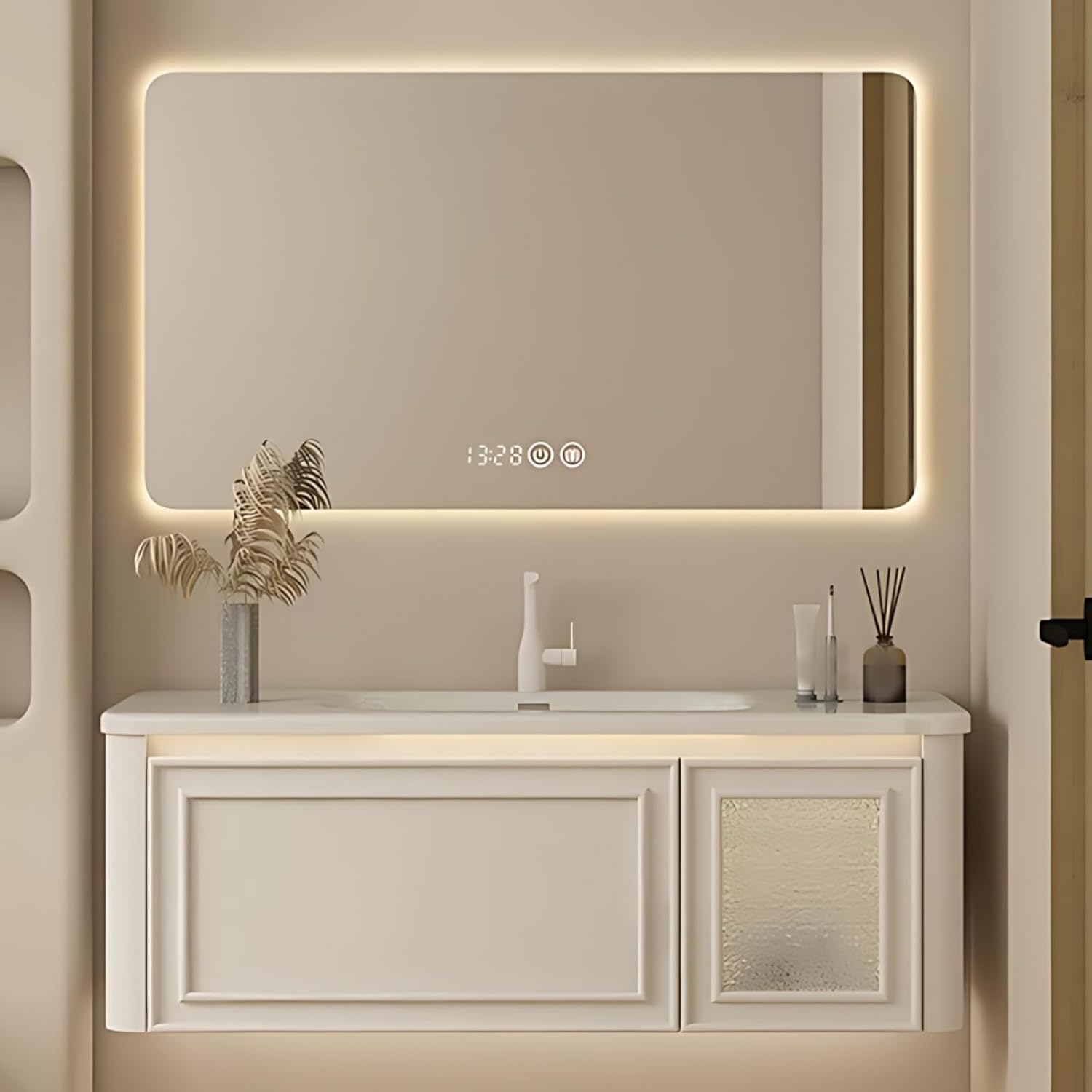 68IN Wall Mounted Bathroom Vanity Set - Wood Bathroom Vanities has Tissue Hole Design | Includes Smart Defogging Mirror Cabinet & Time Display, Rounded Corners, Glass Cabinet Doors (Style B)