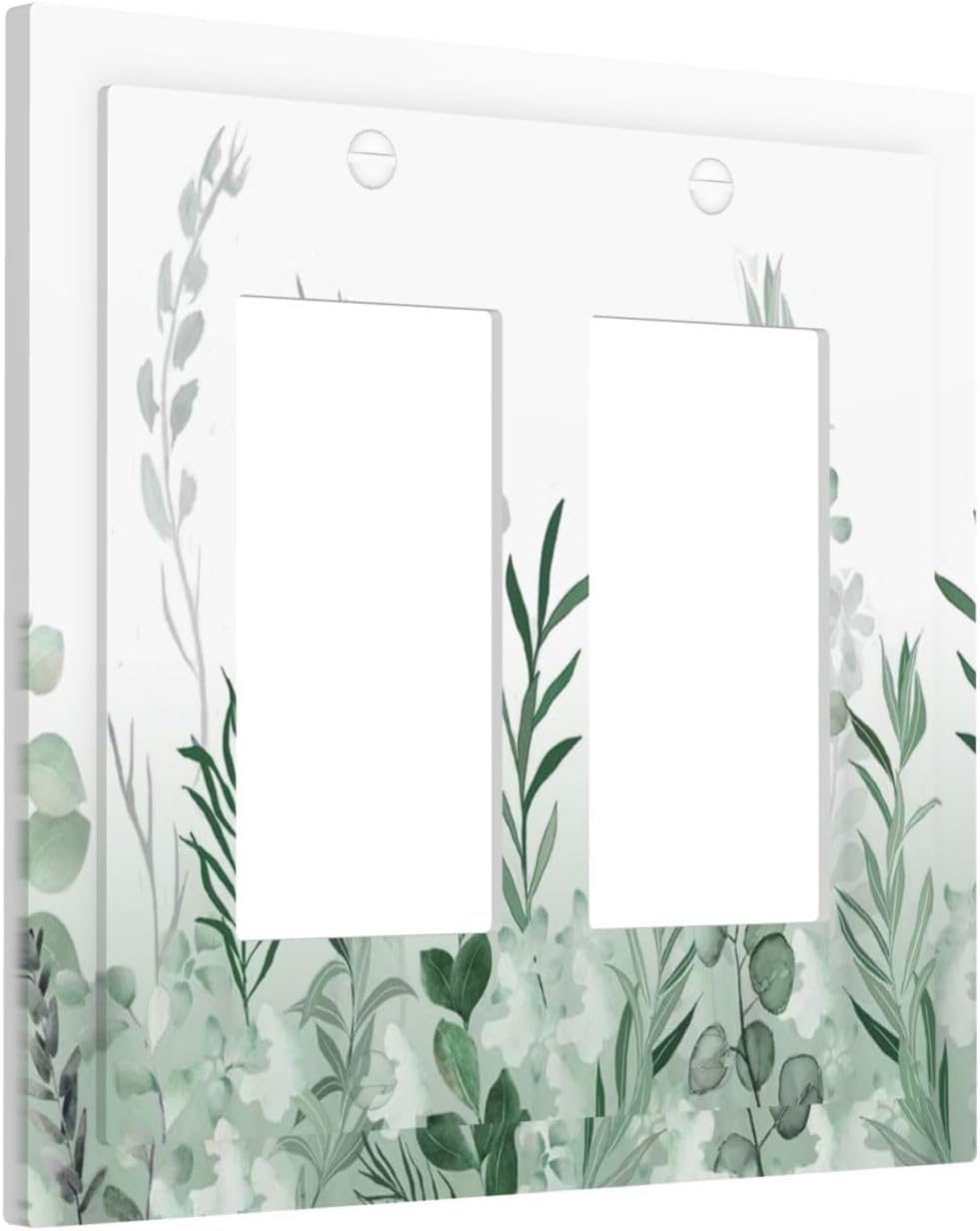 Watercolor Green Leaf Rustic Plant Eucalyptus Flowers Decorative Outlet Covers 2 Gang Double GFCI Rocker Electrical Wall Panels Light Switch Cover Plate for Bed Room Living Room Decor