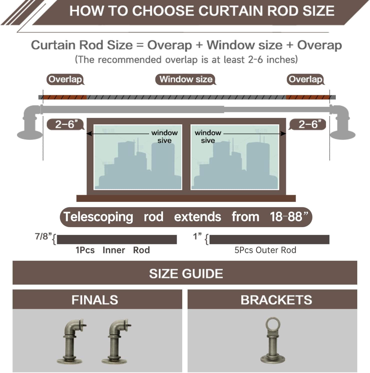 Industrial Curtain Rods 18 to 88 in,Blackout Curtain Rod,Adjustable Length,1 in Diameter Pipe,Wall or Ceiling Mounted,for Bedroom and Living Room (Antique Silver 18” to 88”)