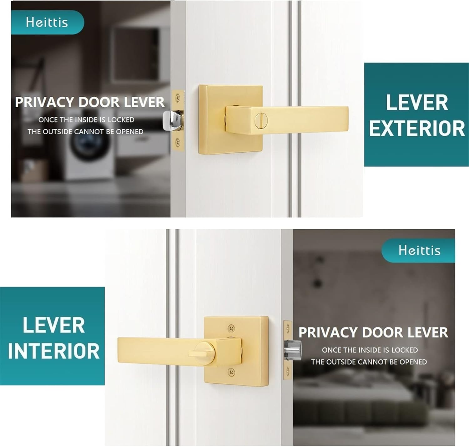 3 Pack Privacy Gold Door Knob Keyless Square Heavy Door Levers, Bed/Bathroom Door Handle Exterior Doorknob with Button for Bedroom or Bathroom