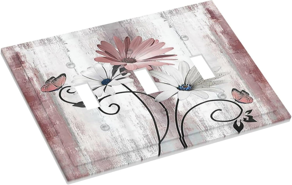 Decorative Switch Plates Pink White Daisy Butterfly Wood Grain 3 Gang Wall Plate Triple Toggle Light Switch Cover Faceplate Electrical Wall Panels for Farmhouse Bathroom Decor