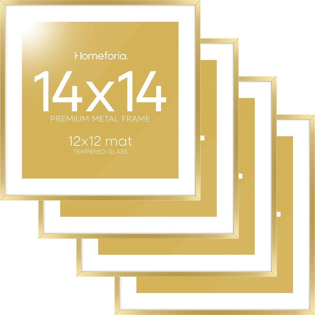 Homeforia 14x14 Picture Frame Gold, High End Metal 14 x 14 Square Poster Frame with Mat 12 x 12 Photo, 14x14 Frame Matted to 12x12 Print, 14by14 Gold Hanging Frames, Tempered Glass, Wall Kit, Set of 4