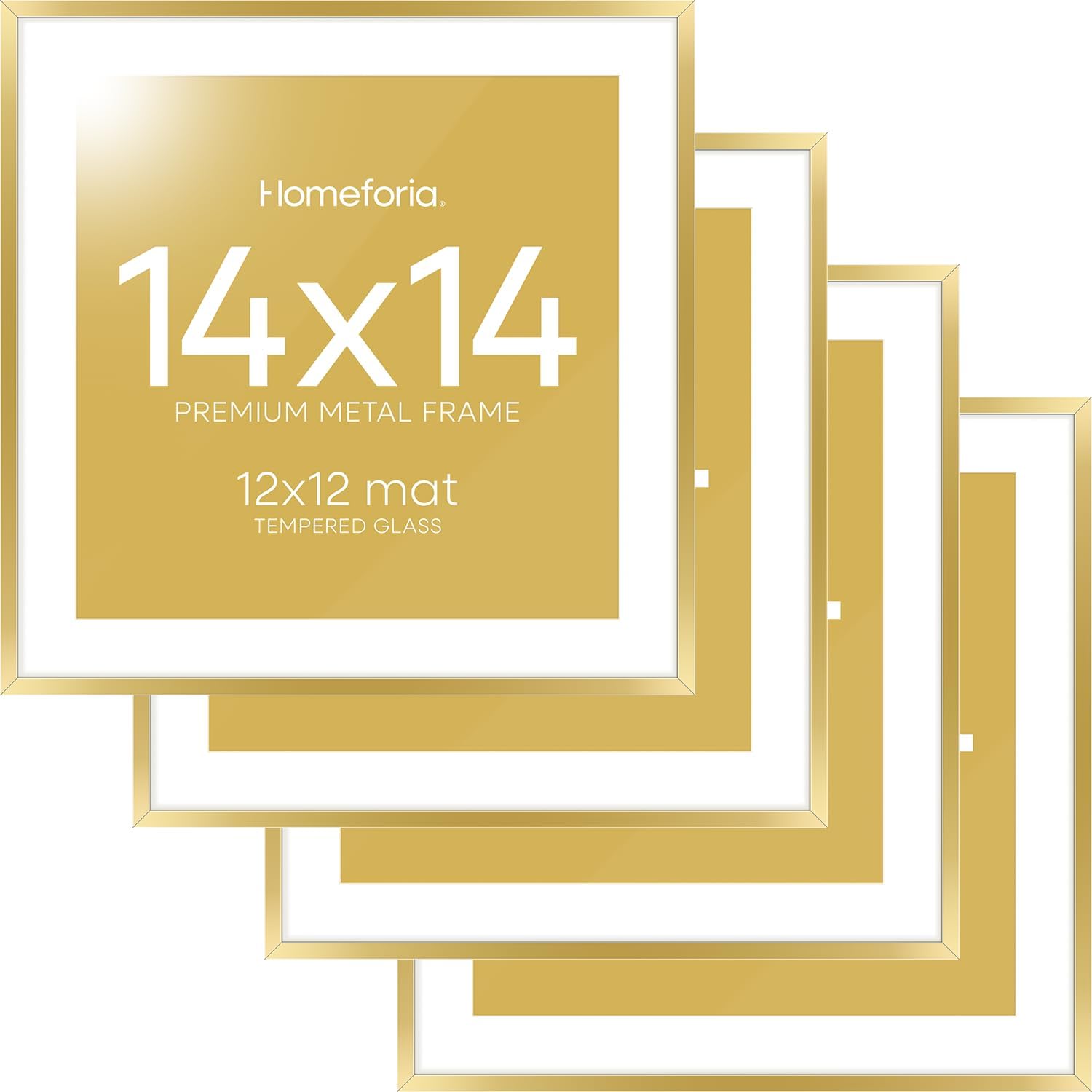 Homeforia 14x14 Picture Frame Gold, High End Metal 14 x 14 Square Poster Frame with Mat 12 x 12 Photo, 14x14 Frame Matted to 12x12 Print, 14by14 Gold Hanging Frames, Tempered Glass, Wall Kit, Set of 4
