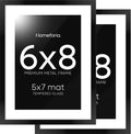Homeforia 6x8 Picture Frame Black, High End Metal 6 x 8 Black Frames with Mat 5 x 7 for Art, 8x6 Desk Frame Matted to 5x7 inch Photo, 6 by 8 Wall or Tabletop Frames, Tempered Glass, Wall Kit, Set of 2
