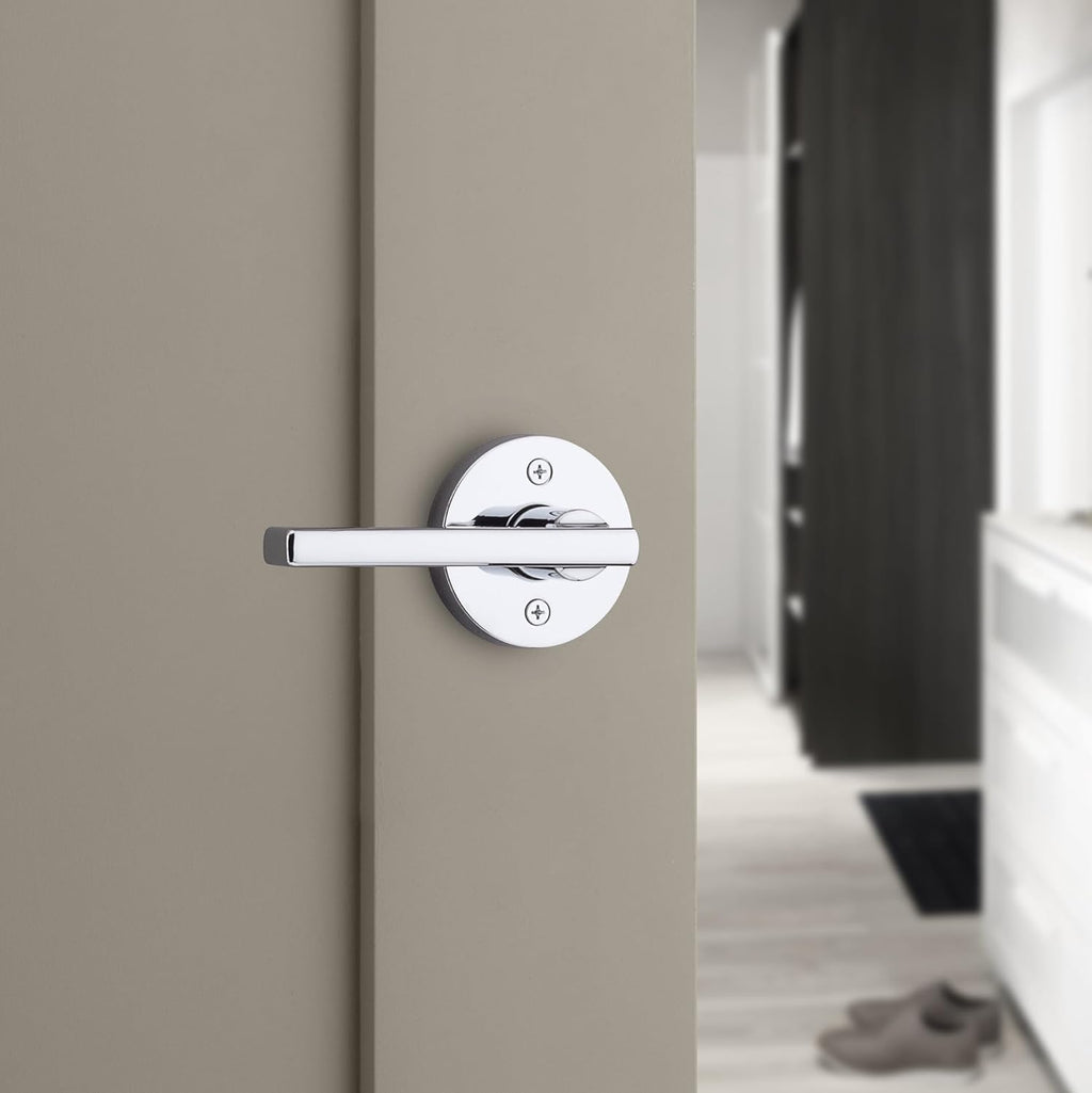 Kwikset Halifax Interior Privacy Door Handle with Lock, Round Lever for Bathroom and Bedroom, Polished Chrome Reversible Keyless Push Button Lock Door Lever, with Microban Protection