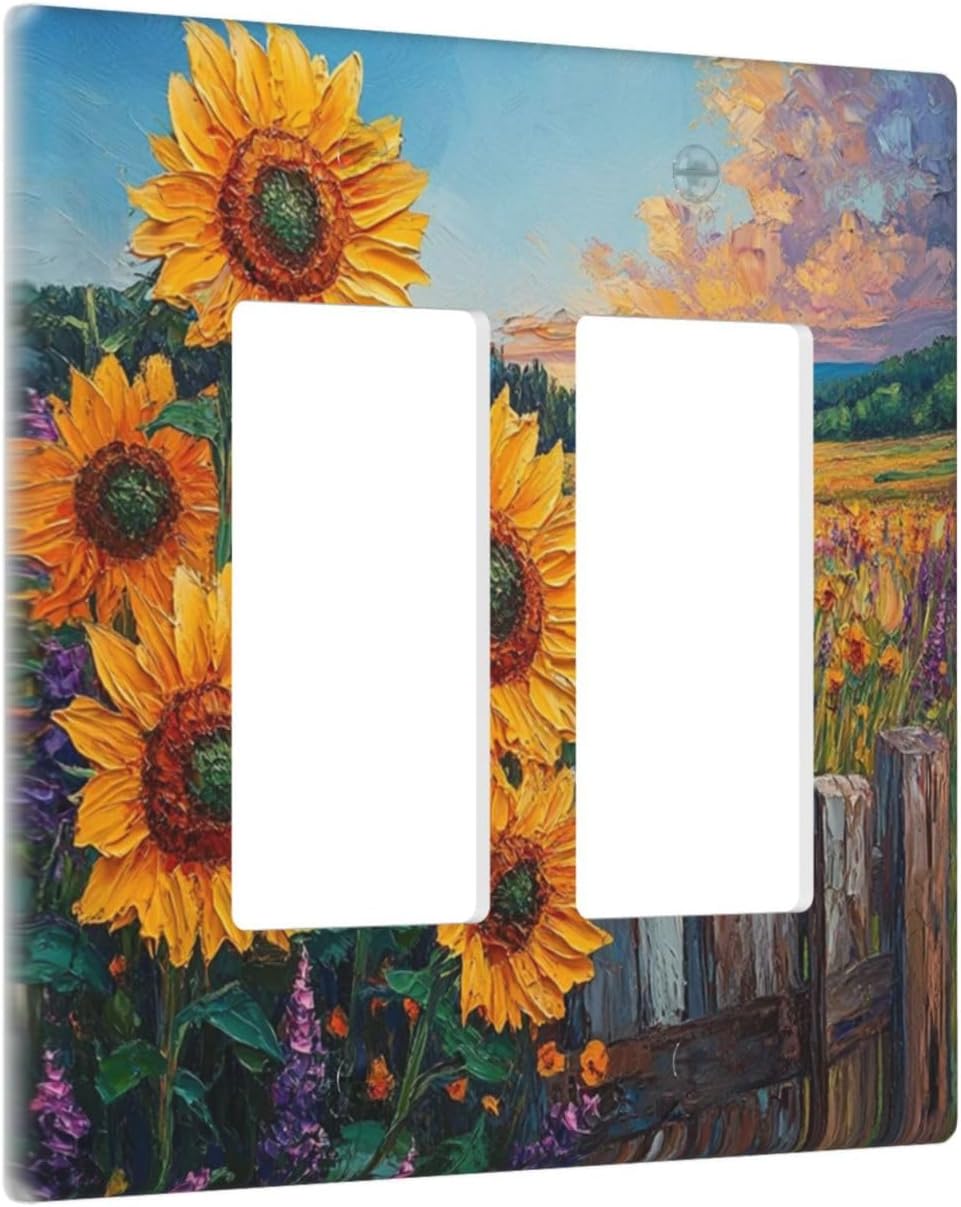 Decorative Outlet Covers Rustic Wilderness Sunflower Lavender Muzha Oil Painting 2 Gang Wall Plate Double Rocker Two Switch Wall Cover Plate Jumbo Dual GFCI Faceplate