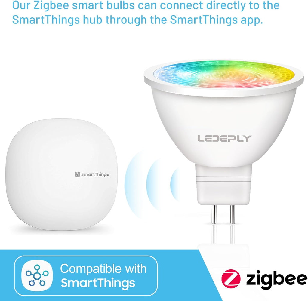Zigbee MR16 LED Smart Bulb, Hub Required, Compatible with Phi*Lip*s Hu*e*, Alexa, Google, & ConBee, 5W =50W, GU5.3, Dimmable, AC/DC 12V, Color Changing & Tunable White, 2-Pack