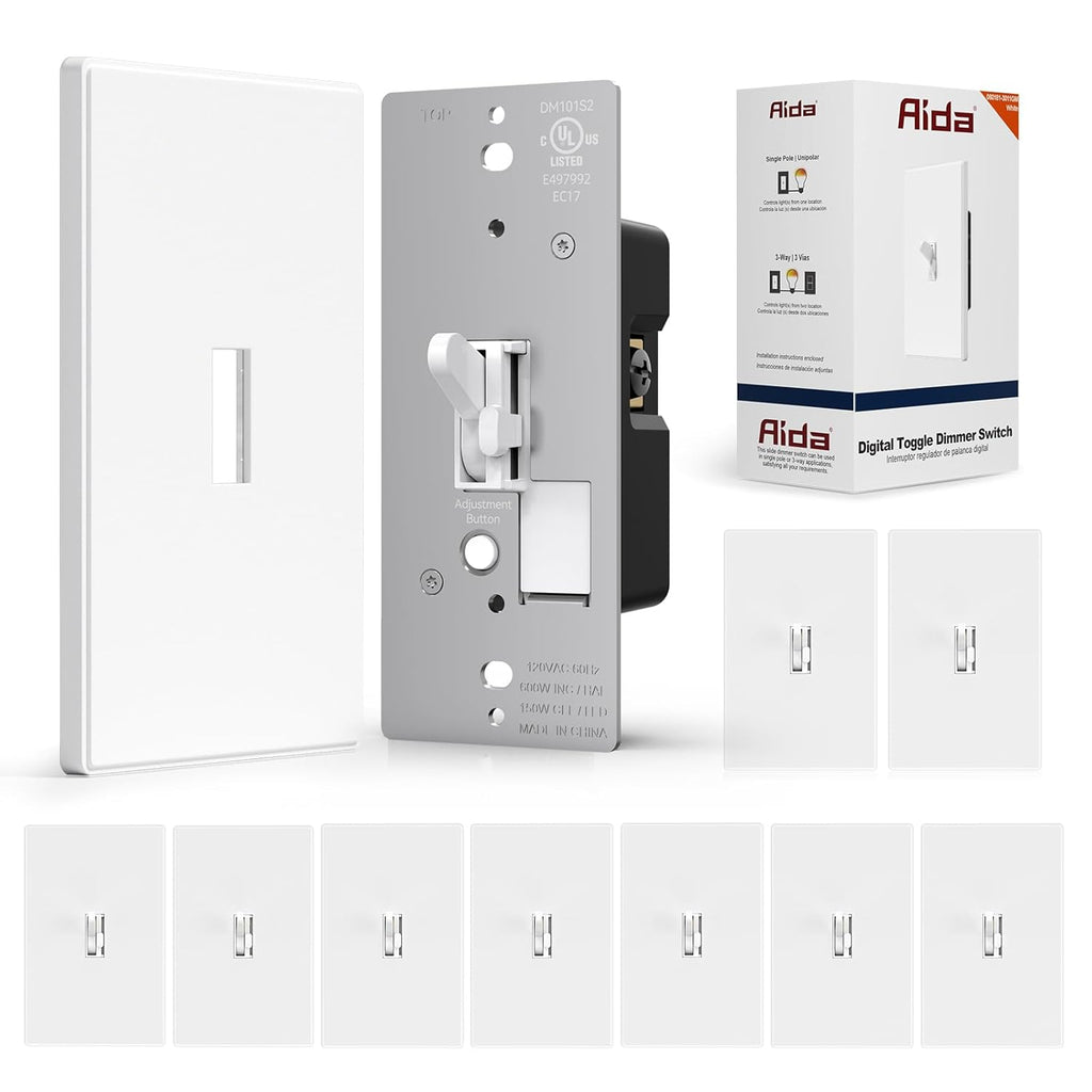 AIDA Digital Toggle Dimmer Switch for Dimmable LED, CFL & Incandescent Bulbs, Single Pole/3-Way, Screwless Wall Plate Included, UL Listed, No Neutral Wire Needed, Matte White (10 Pack)