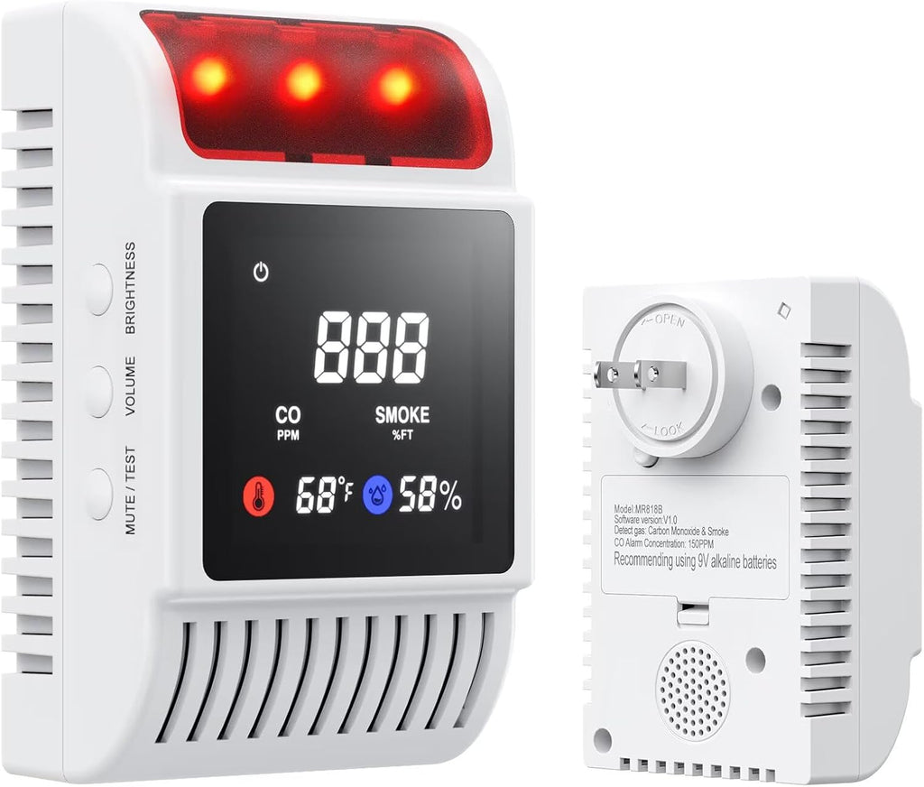 5-in-1 Smoke and Carbon Monoxide Detectors Plug in, Smoke Detector with Battery Backup Slot, Adjustable Brightness & Volume Levels, Smoke Alarm with Temp/Humidity for Home, RV, Travel(MR818B,1-Pack)