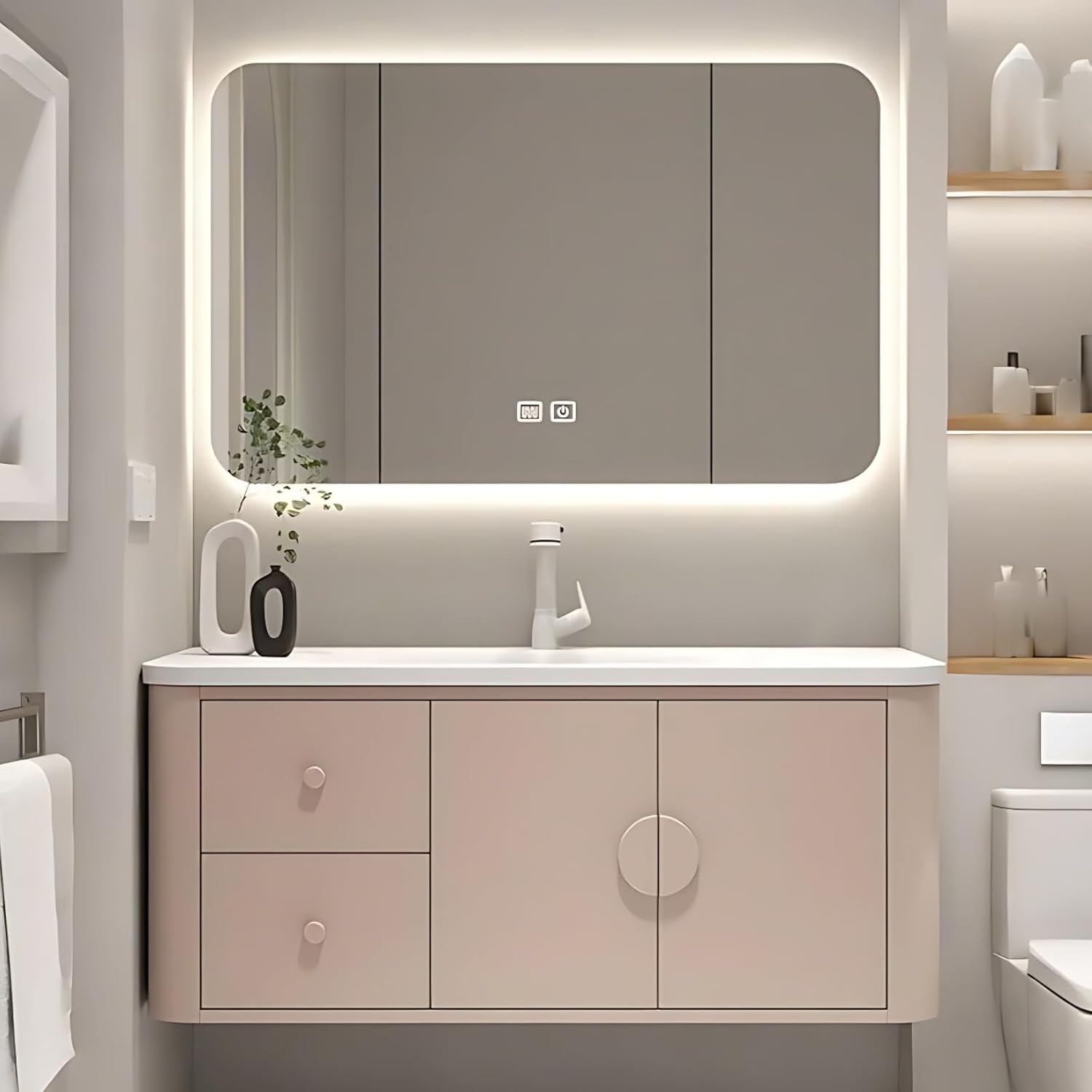 44IN Pink Modern Bathroom Vanity - Bathroom Vanities Set with 2 Drawers Wall Mounted | Rounded Corner Smart Defogging Mirror Cabinet with Lighting & Time Display, Side Opening Storage Shelf (Style A)