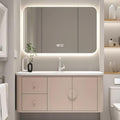 36IN Pink Modern Bathroom Vanity - Bathroom Vanities Set with 2 Drawers Wall Mounted | Rounded Corner Smart Defogging Mirror Cabinet with Lighting & Time Display, Side Opening Storage Shelf (Style A)