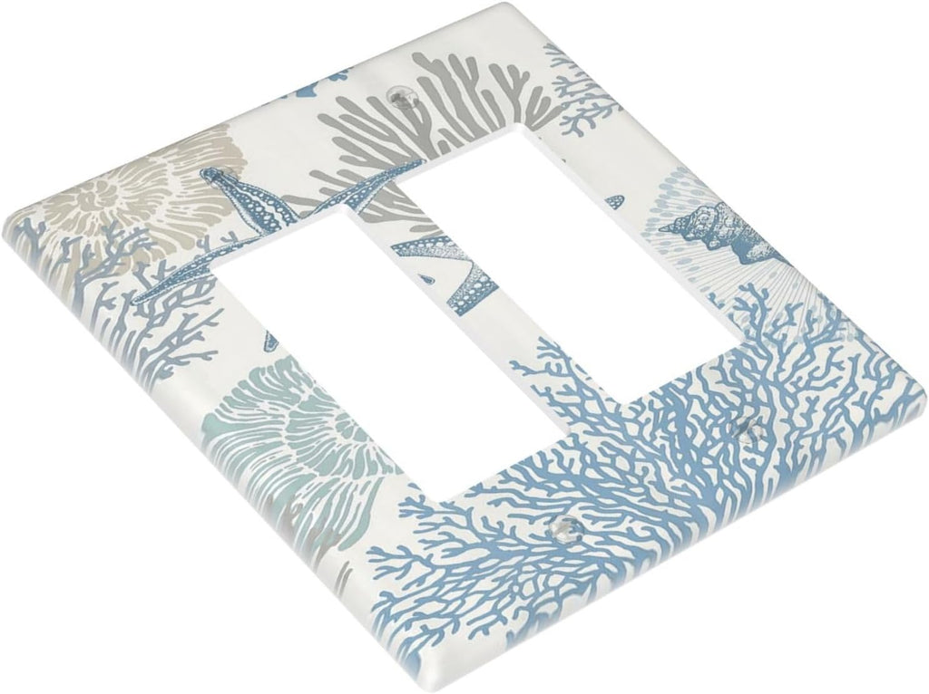 Decorative Outlet Covers Blue Starfish Coral Seaweed 2 Gang Light Switch Cover Plate Double Rocker Wall Plate Switch Plate Covers Faceplate for Bathroom Bedroom Decor （2 Pack）