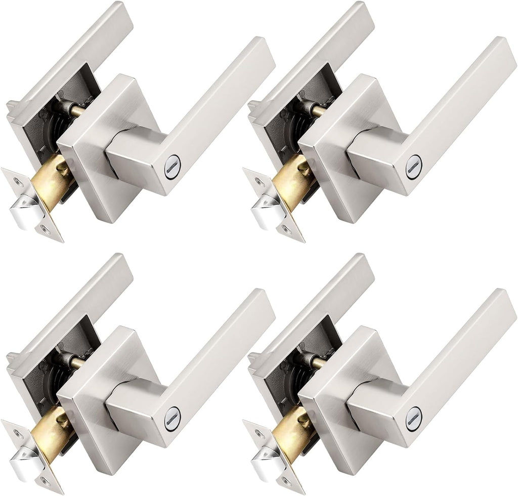 Probrico Interior Brushed Nickel Door Handle, Heavy Duty, Flat Square Privacy Door Handles, Keyless Door Levers Lockset for Bedroom and Bathroom (4 Pack, Modern)