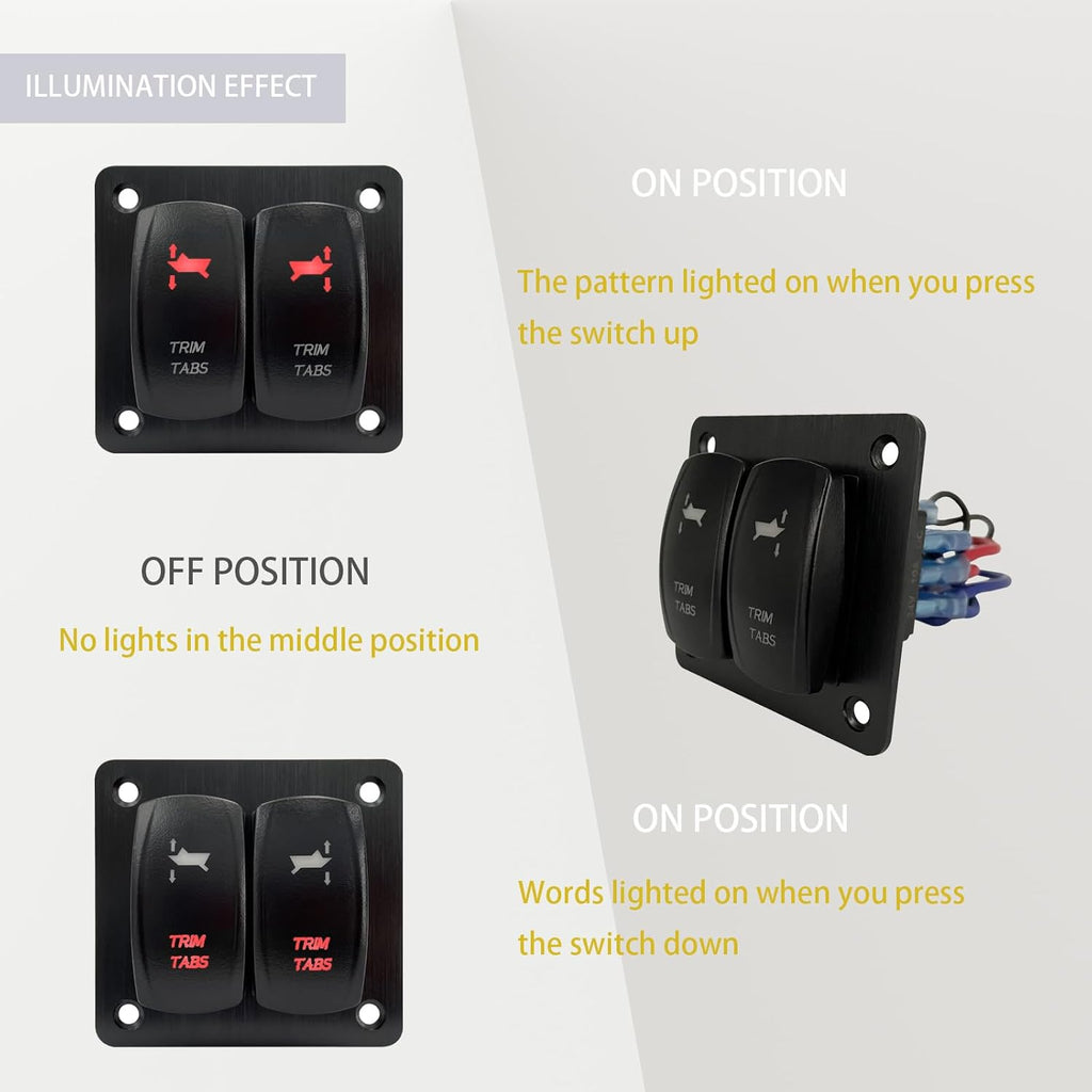 Red Led Trim Tabs Panel (ON)-Off-(ON) Momentary Rocker Switch Panel 3 Way Toggle Switch Panel for Marine Boat Pontoon Yacht Console 12V/20A 24V/10A Waterproof I