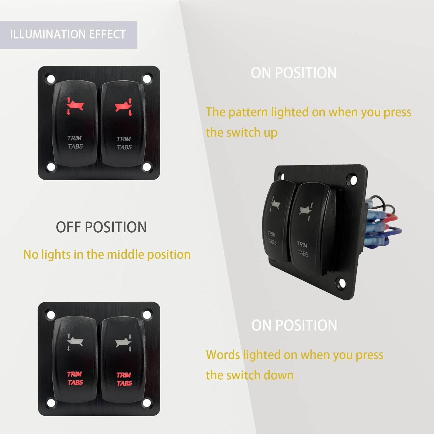 Red Led Trim Tabs Panel (ON)-Off-(ON) Momentary Rocker Switch Panel 3 Way Toggle Switch Panel for Marine Boat Pontoon Yacht Console 12V/20A 24V/10A Waterproof I