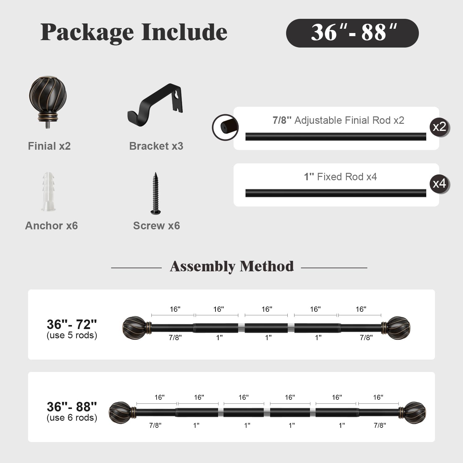 Oneach Black Curtain Rods for Windows 48 to 84 Inch, 7/8" Adjustable Heavy Duty Decorative Drapery Rods with Round Netted Texture Finials (Pack of 1, 36 to 88 Inch)