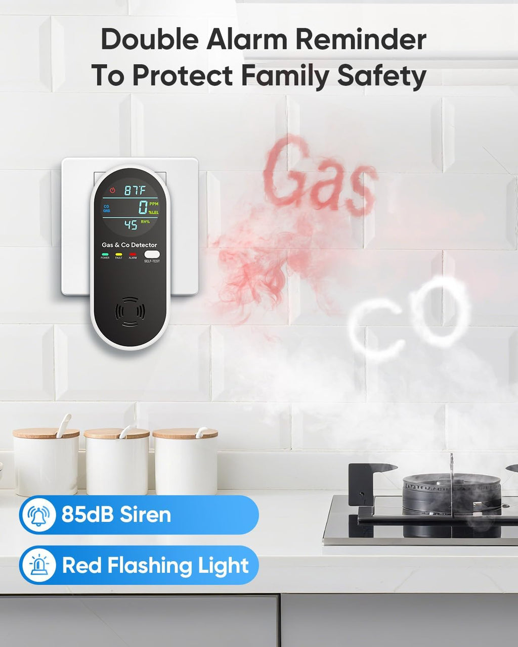 Carbon Monoxide Detectors & Natural Gas Detector, 4-in-1 Carbon Monoxide Detectors Plug in, Gas Leak Detector with Dual Alarms, Temperature & Humidity Sensor for Home, RV Essentials, Black, 3 Packs