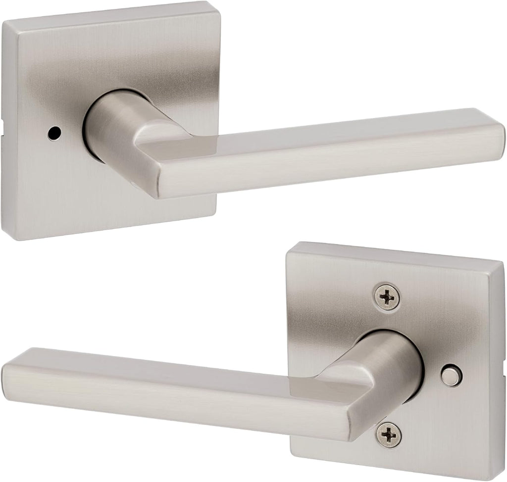 Kwikset Halifax Interior Privacy Door Handle with Lock, Door Lever For Bathroom and Bedroom, Satin Nickel Reversible Keyless Push Button Lock Door Lever, with Microban Protection