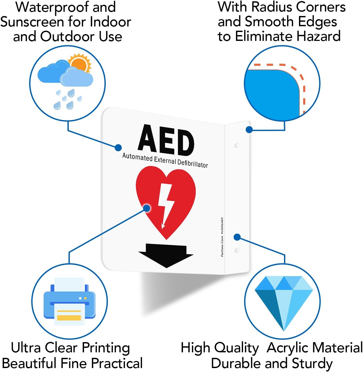 Faittoo AED Sign, AED Automated External Defibrillator with Down Arrow Sign, 6x6 Inches 90D Projection - Acrylic, 2 Pre-Drilled Holes, Includes Matching Screws, Use for Home Office/Business, 2 Pack