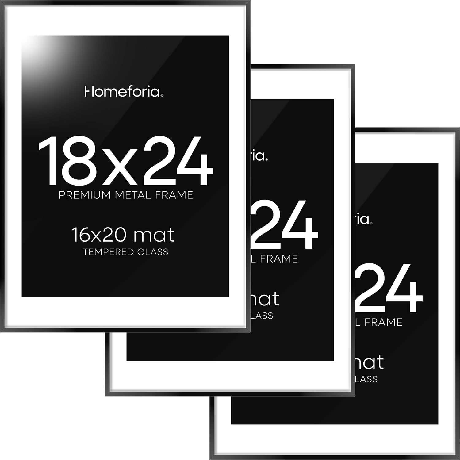 Homeforia 18x24 Poster Frame Black, High End Metal 18 x 24 Picture Frames with Mat 16 by 20 inch Photo, 18x24 Black Frame Matted to 16x20 Print, 24x18 Hanging Frame, Tempered Glass, Wall Kit, Set of 3