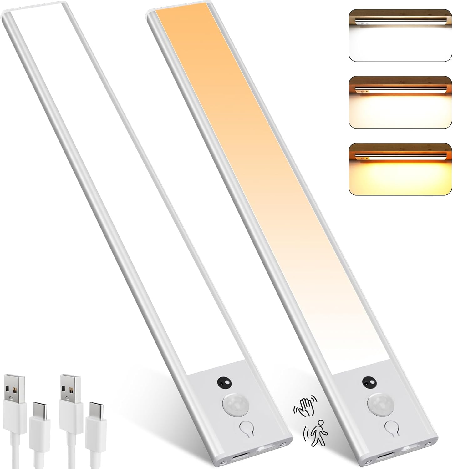 120 LEDs Under Cabinet Lights 3 Color Temps, 2 Pack 30CM Motion Sensor Light Indoor, 3000-6000K Dimmable Closet Lights, Rechargeable Under Counter Lights for Wardrobe, Kitchen, Stairs
