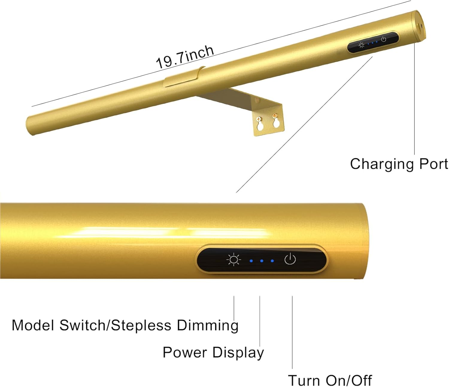 19.7inch Battery Operated Wireless Picture Light，Remote Control Painting Display Lights, Rechargeable Wall Lights with Three Modes and Power Display for Art Frame（Gold