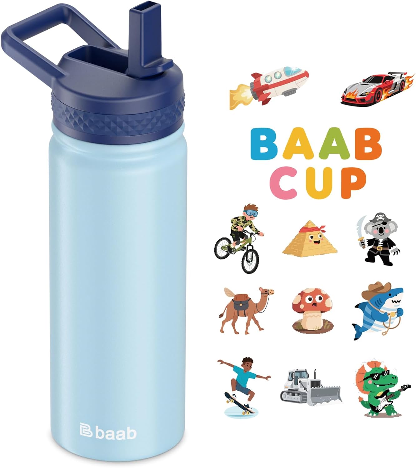 baab 18oz Kids Water Bottle, Insulated Water Bottle with Straw & Stickers, 18/8 Stainless Steel Vacuum Leakproof Kids Water Straw Cup for School, Perfect for Boy Girl (Light Blue, 1 Pack)