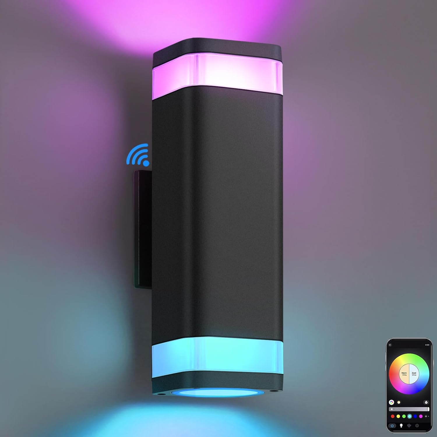SHIMR Smart RGB Outdoor Wall Light, WiFi App Control Color Changing Up Down Exterior Sconce with Dusk to Dawn Sensor, Waterproof LED Wall Mount Light Fixture, Works with Alexa & Google, Black Finish
