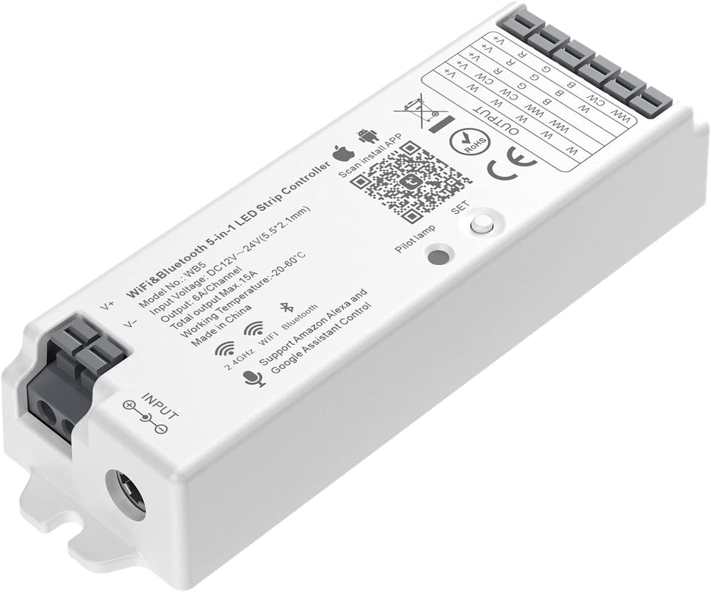 BTF-LIGHTING 5in1 WB5 2.4GHz Tuya WiFi PWM LED Controller Compatible with Alexa/Google Home/Smart Life/Tuya Smart APP Control for Dimming CCT RGB RGBW RGBCCT LED Strip Work with WR01RF WR02RF etc