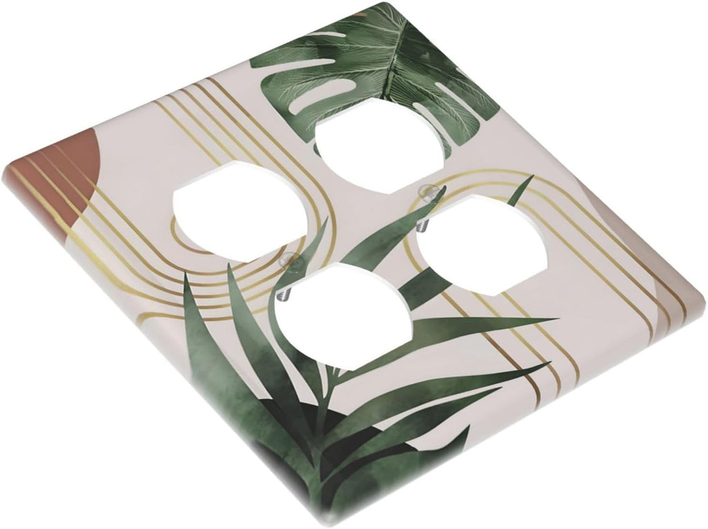 Decorative Outlet Covers Boho Mid Century Abstract Arch Green Leaves 2 Gang Wall Plate Double Duplex Light Switch Cover Switch Plate Covers for Bedroom Home Decor
