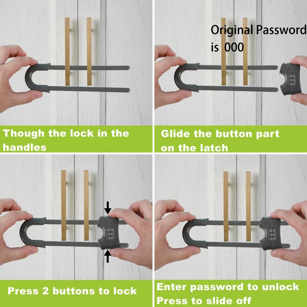 4 Pack Child Proof Sliding Cabinet Door Code Locks Baby Safety Cupboard Locks Adjustable U Shaped Cabinet Latches for Knob Handle Drawers Closet (4 PCS, Grey)