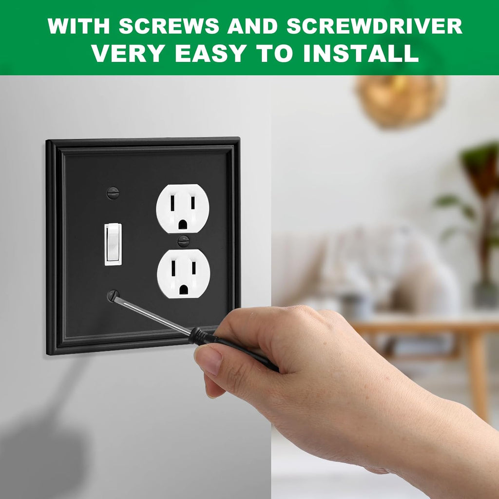 Black Modern Decorative Wall Plate Light Switch Cover Decorator Outlet Covers Rocker Switch Plates Bamboo Fiber Material Wall Plates for Kitchen Bathroom (2 Gang Toggle/Duplex-2 Pack)