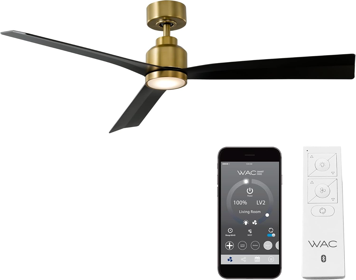 WAC F-003L-SB/MB Clean 52" Outdoor Ceiling Fan with LED Lights and Remote, Soft Brass Matte Black