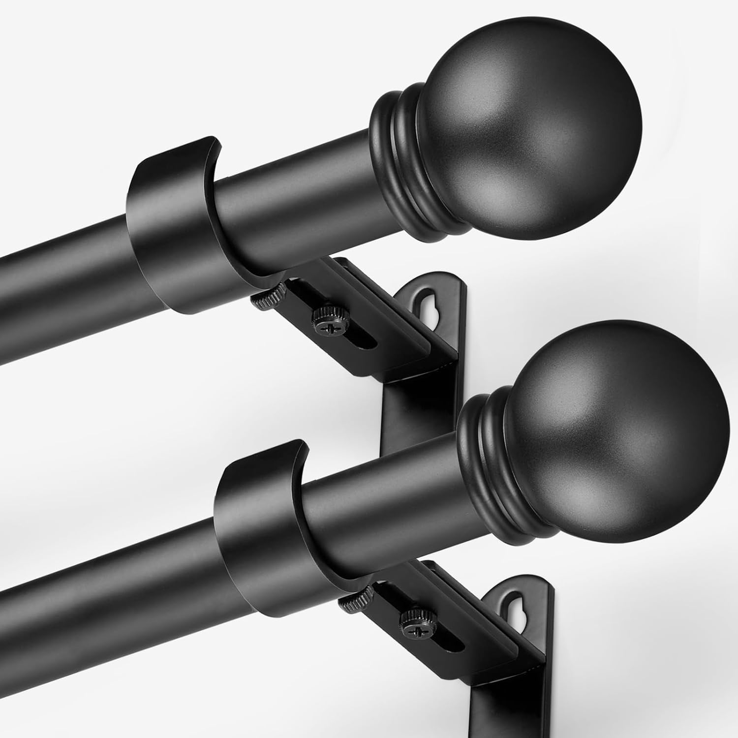 Curtain Rods for Windows 16 to 92 Inches, Curtain Rod Max Adjustable Length of 104 IN, 1" Diameter Drapery Rods Round Finials, Black, Pack of 2