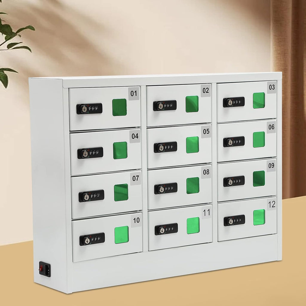 12 Slots Cell Mobile Phone Steel Locker with Combination Lock, Cellphone Charging Station with 3 in 1 Charging Ports for Most Phones, Cellphone Locker for Schools, Conference Rooms, and Offices