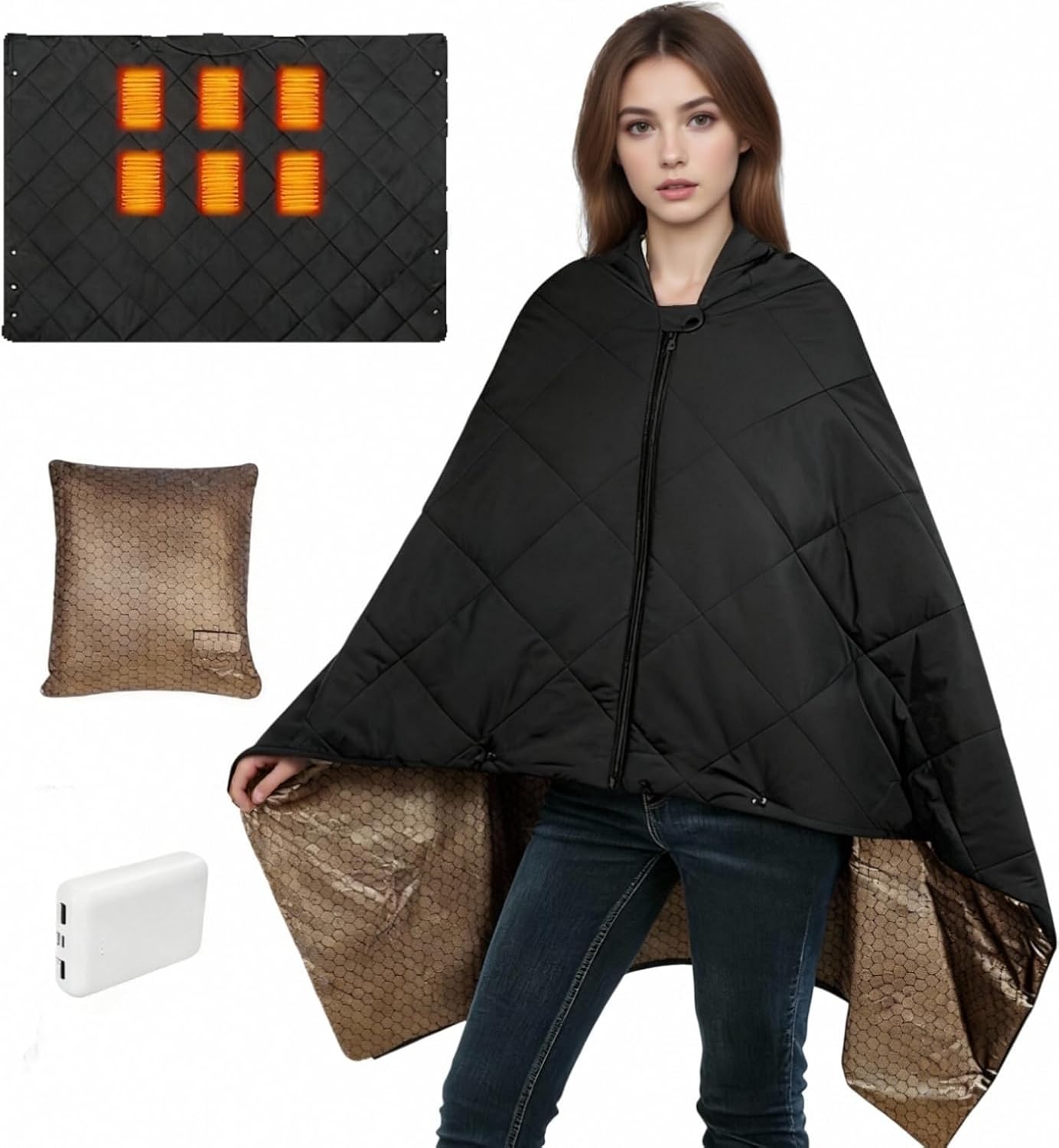 Cordless Heated Blanket, Battery Operated Heating Blanket with 10000mAh Battery & 6-Zone Fast Heating Wearable Blanket Throw for Indoor Outdoor, Camping, Travel, Football Game, Machine Washable