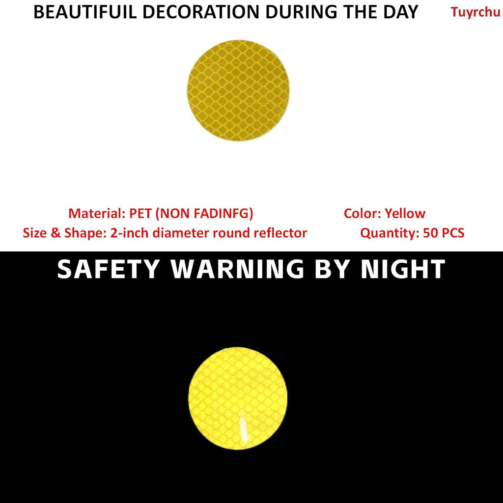 Non Fading Yellow Reflective Stickers 2-inch Diameter Round Reflector, Outdoor Waterproof High Visibility Warning Adhesive Tape (50 Pcs)