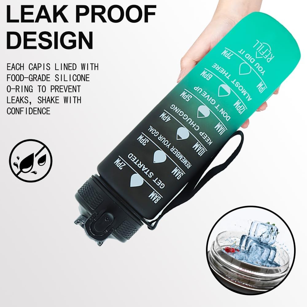 32oz Sports Water Bottle Outdoor, with Drinking Time and Capacity Labels, Sport Water Cups with Straw,BPA Free Leak Proof,for Fitness Gym Running Climbing(Black green)